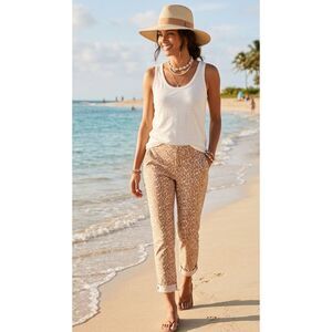 Anthropologie Wanderer Utility Linen Blend Leopard Cheetah Pant Women's Size 26
